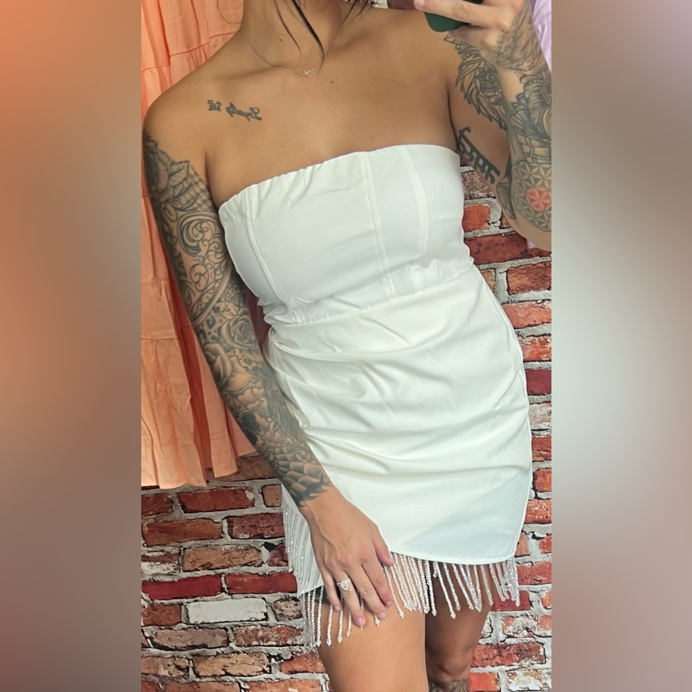 Strapless white layered lined dress